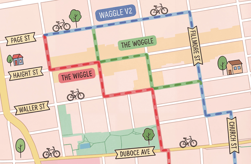 Map showing The Wiggle, The Waggle, and The Woggle bike routes through Lower Haight