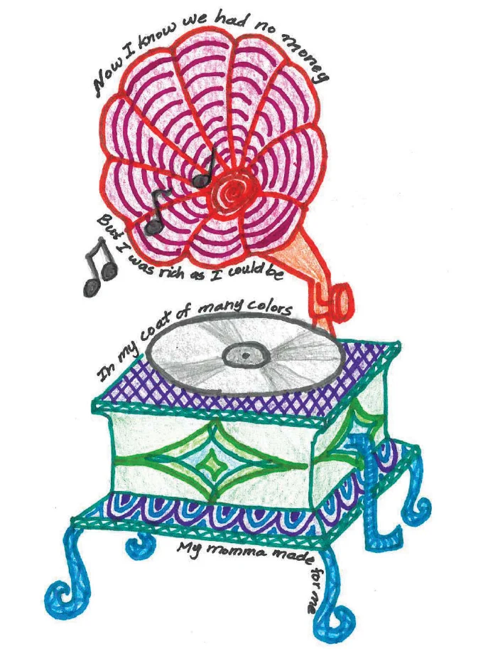Colorful drawing of a gramophone with a pink horn, a record, and musical notes.