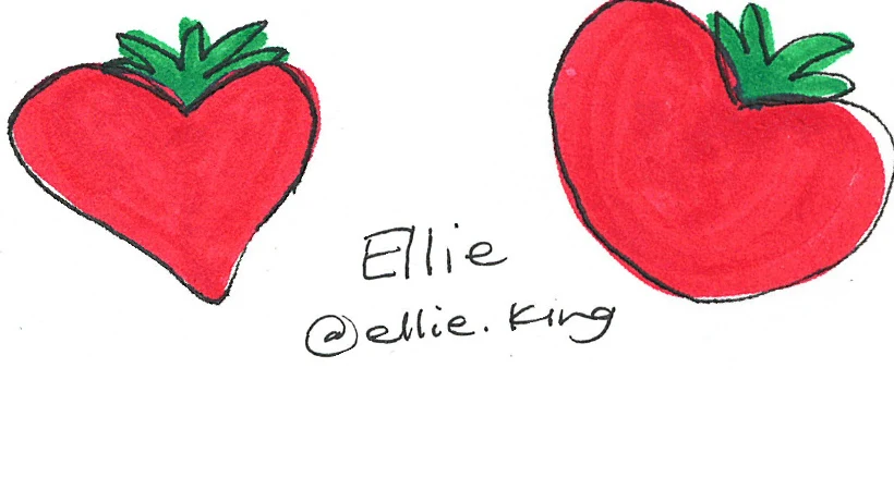 Two hand-drawn red tomatoes with green leaves.