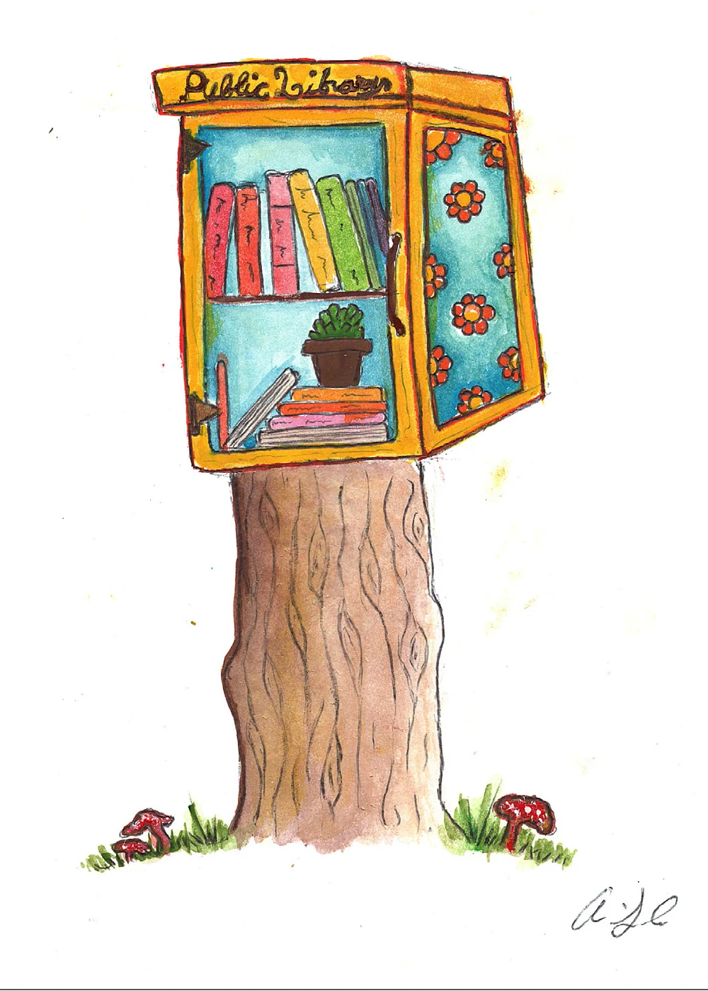 Hand-drawn Little Free Library cabinet mounted on a tree trunk.