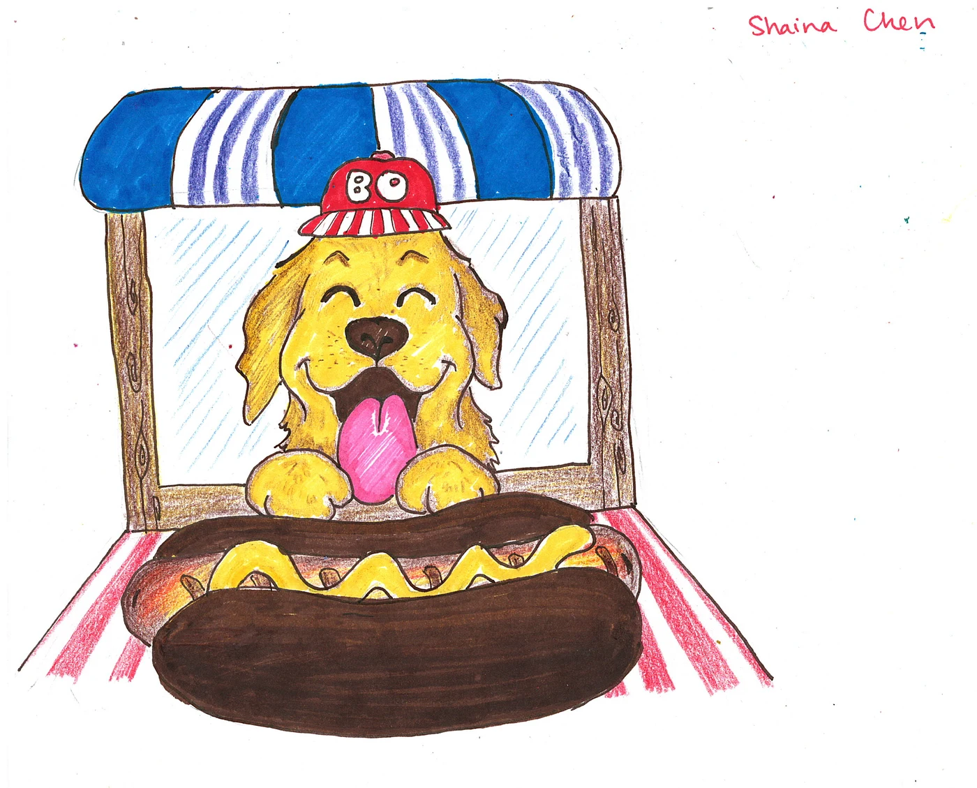 A smiling golden dog named Bo behind a sausage counter with a blue-and-white striped awning.