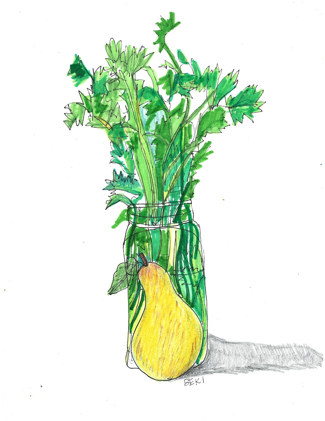 Green parsley in a glass jar beside a yellow pear, drawn in ink and watercolor.