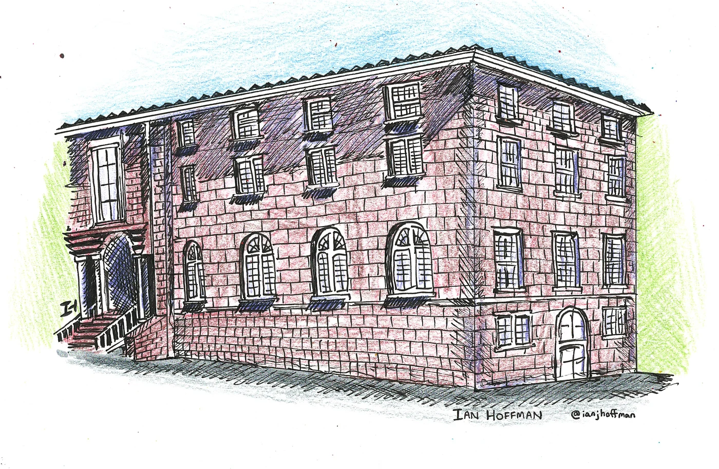 Colored pencil drawing of the brick San Francisco Zen Center at Page and Laguna streets.