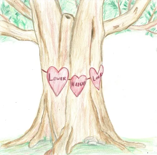 Illustration of a tree with hearts reading Lower Haight Local