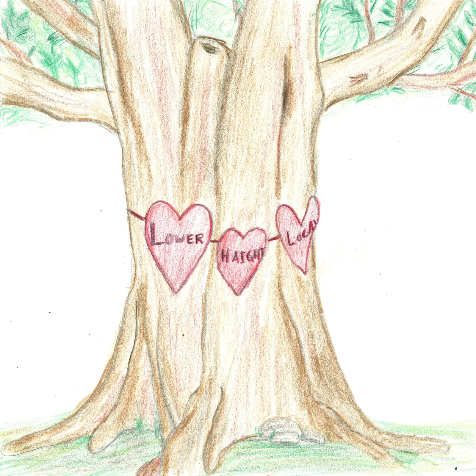 Illustration of a tree with hearts reading Lower Haight Local